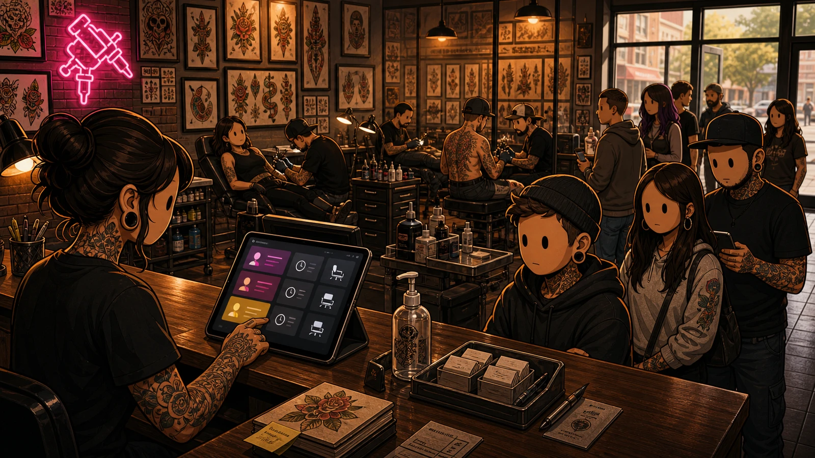 LVL2-style illustration of a busy walk-in tattoo shop queue and front desk workflow