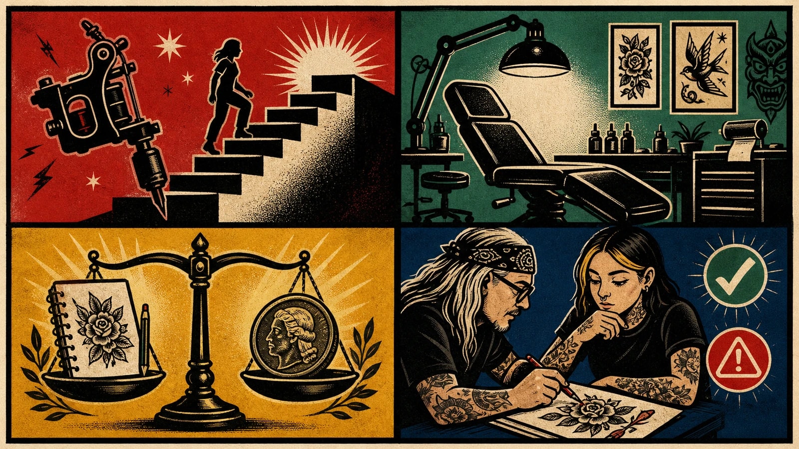 Illustrated tattoo apprenticeship evaluation poster showing warning signs and mentorship checkpoints